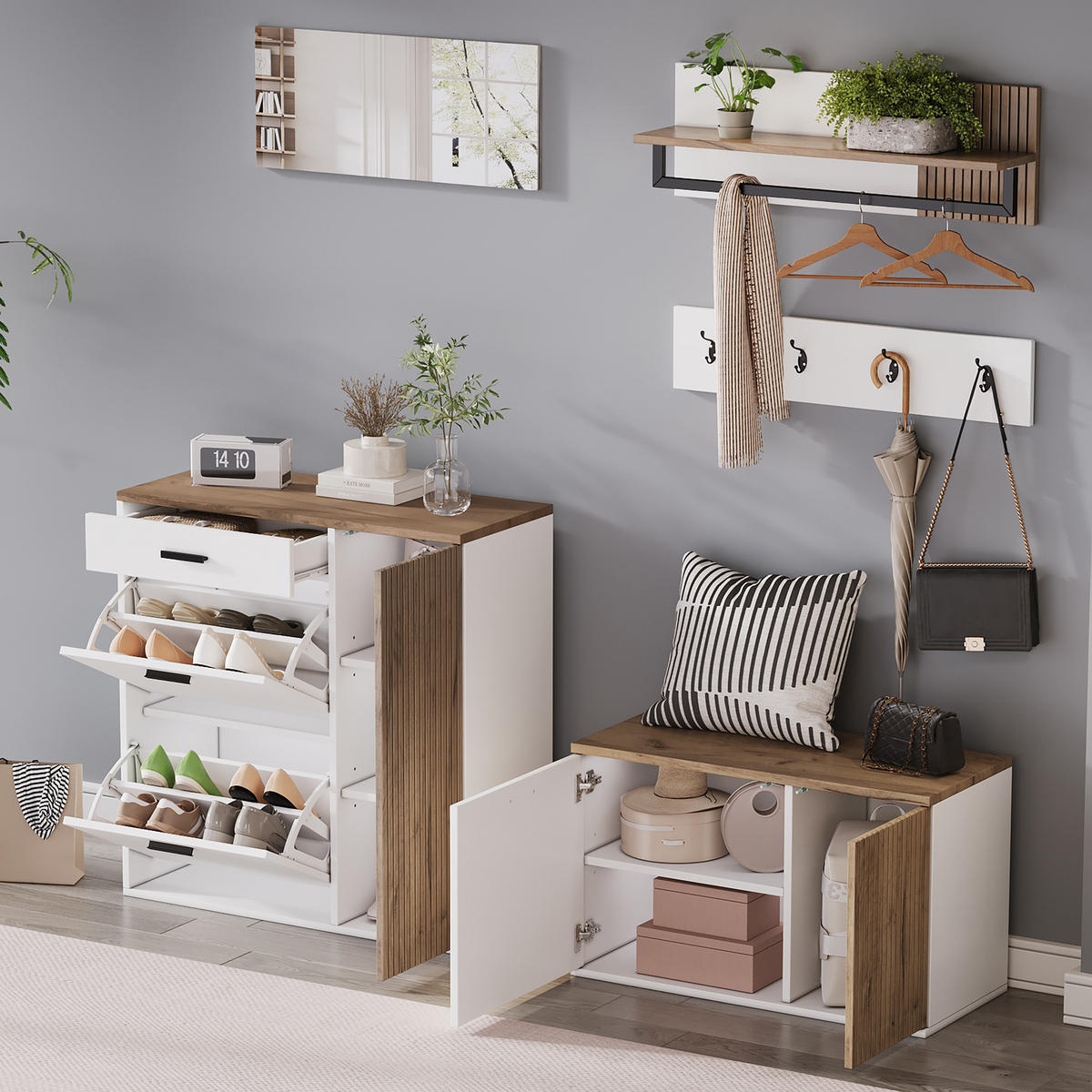 SCHUHSCHRANK aus Spanplatte 85x36x85cm in Weiß mit 5-teiligem Flurset - Weiß, Holzwerkstoff (85/85/36cm) - Modfu