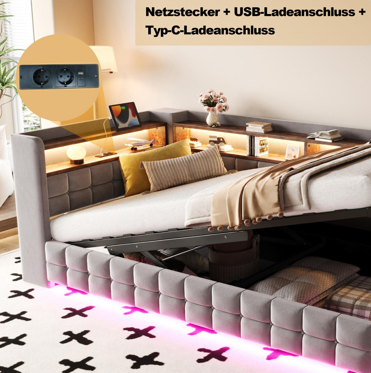SCHLAFSOFA 90/200 cm mit hydraulischem Stauraum, Holzregalen, LED, Steckdose, USB und Typ-C, Samt, Hellgrau - Hellgrau, Textil (90/200cm) - Redom