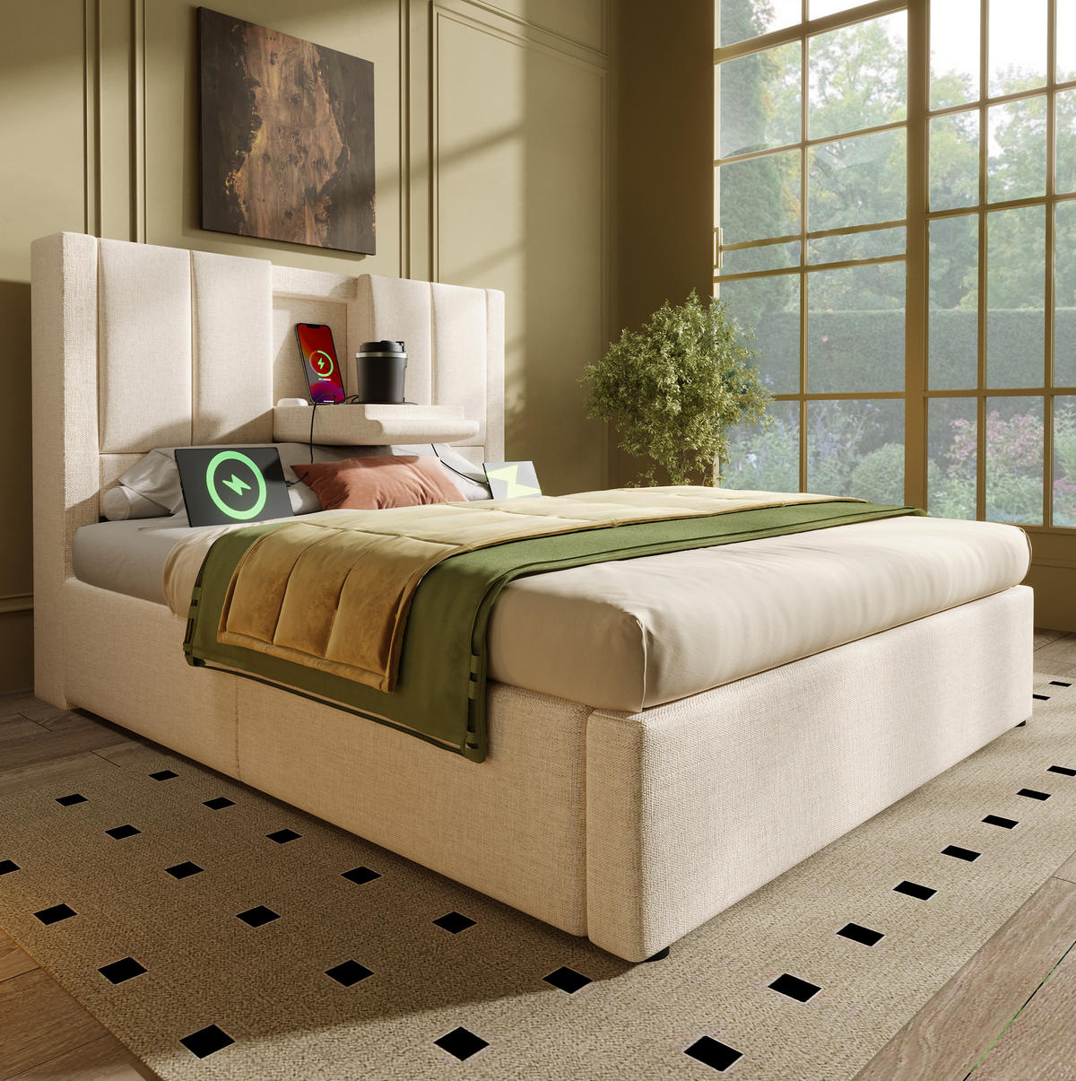 POLSTERBETT 90/200 cm Beige aus Leinen mit Stauraum und USB- & Type-C-Anschlüssen - Beige, Textil (90/200cm) - Flora Grace
