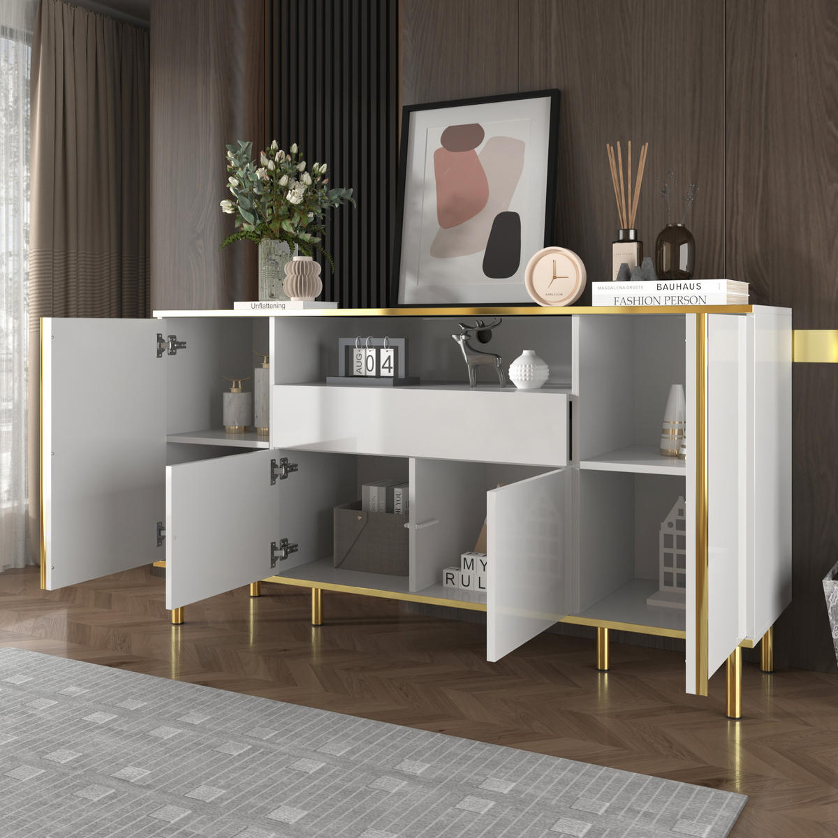 SIDEBOARD in Weiß Kommode mit Schublade und Stauraum für Wohnzimmer und Schlafzimmer, B150/T40/H80cm - Goldfarben/Weiß, Holzwerkstoff/Metall (150/80/40cm) - STILVORA