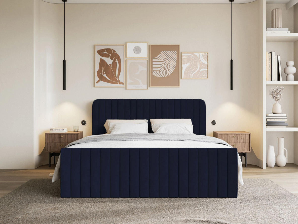 BOXBETT Saliano mit Topper und Samtbezug Dunkelblau, 200x200 cm - Dunkelblau, Kunststoff/Textil (200/200cm) - Selsey