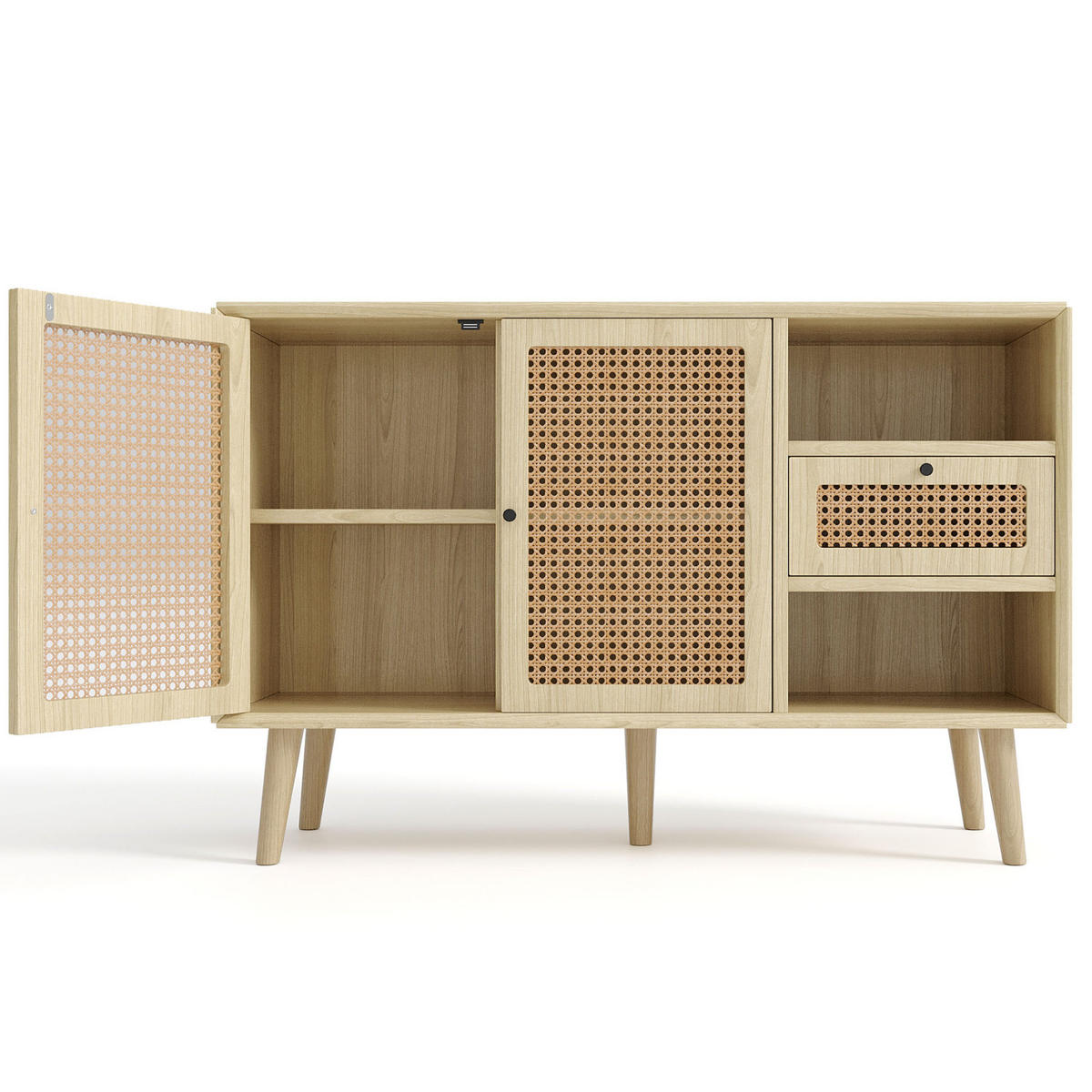 SIDEBOARD 120/40/80 cm, Eiche-Optik mit Rattan-Details, 1 Schublade und 2 magnetische Türen, verstellbare Einlegeböden, Eiche - Eichefarben, Holzwerkstoff (120/80/40cm) - Redom
