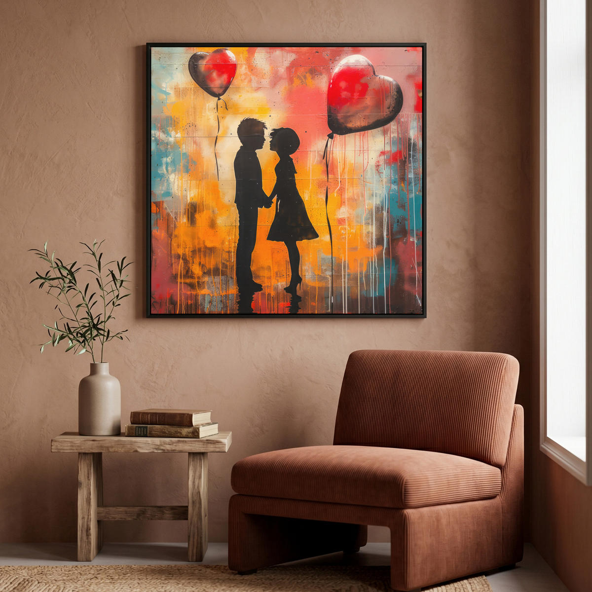 LEINWAND Bilder mit Rahmen - Straßenkunst - Liebe - Graffiti - Kunst - Banksy - 90x90 - Orange, Textil (90/90cm) - MuchoWow