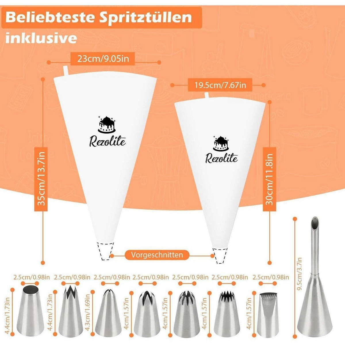 SPRITZBEUTEL-SET 15-teilig mit 2 Spritzbeuteln 30cm+35cm und 8 Edelstahl-Tüllen - Weiß, Kunststoff (23/1/35cm)