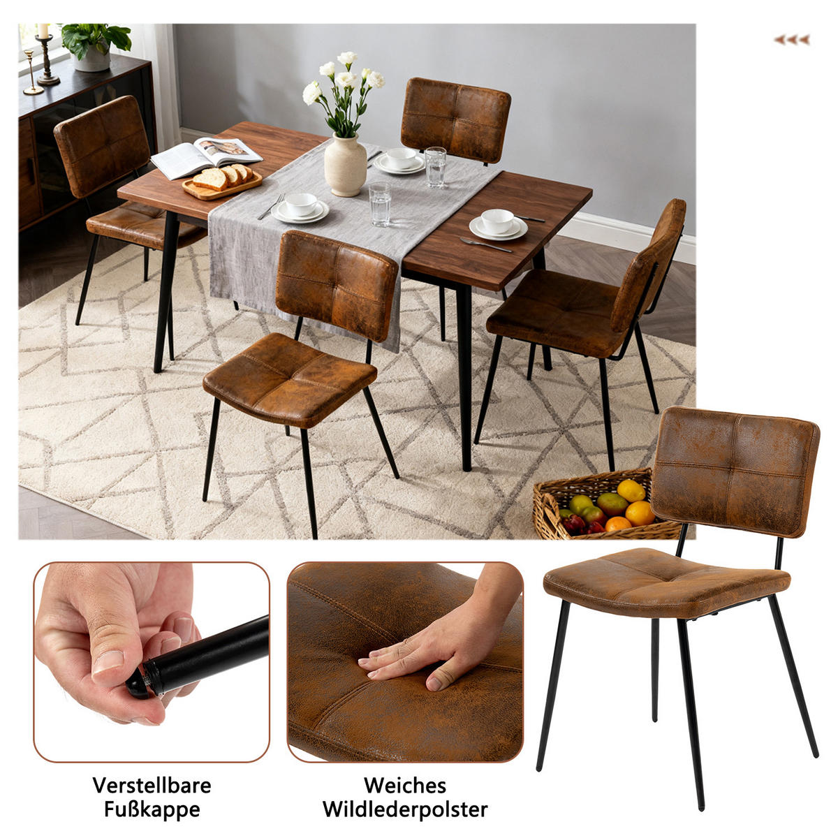 ESSZIMMERSTUHL, 4er-Set, gepolstert, Bezug in Wildlederoptik, Metallbeine, Braun - Braun, Textil/Metall (48/81.5/57cm) - Meubles Cosy