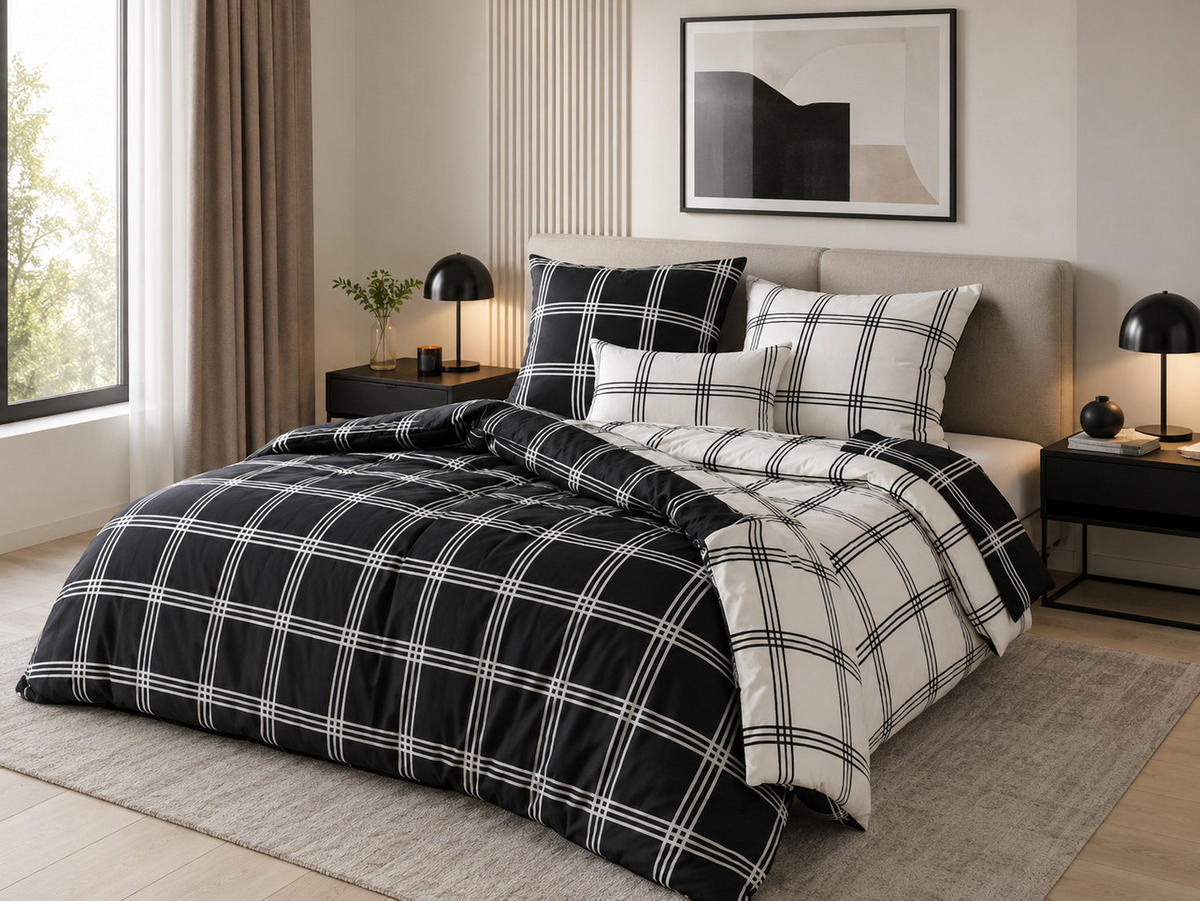 BETTWÄSCHE 155x220 cm Extra Lang – Wendebettwäsche Schwarz-Weiß kariert aus 100 % Baumwolle - Multicolor, Naturmaterialien (155/220cm) - Nesbel – Beauty & Ambiente