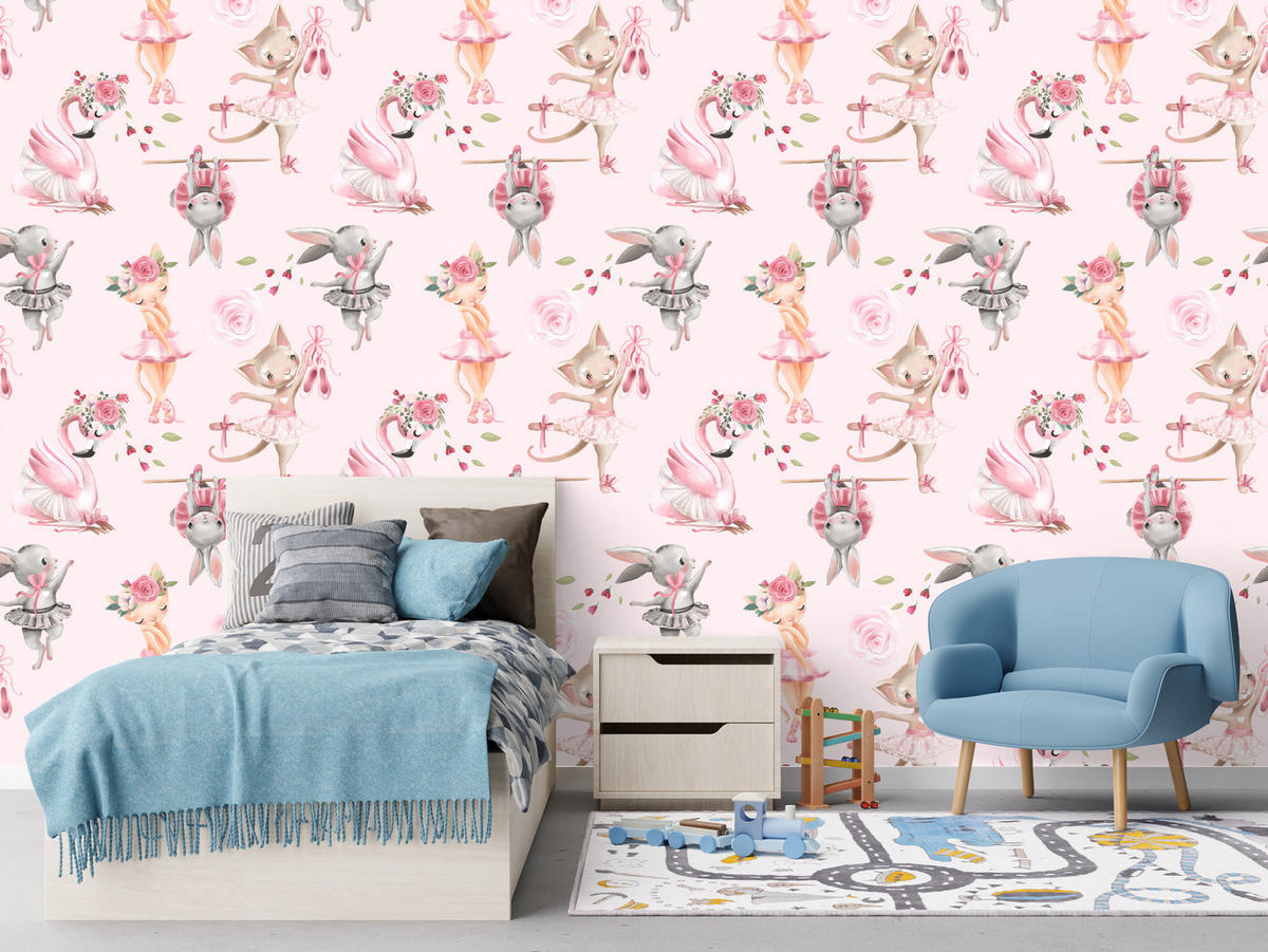 VLIESTAPETE Katzen und Hasen als Ballerinas – Rosa, Weiß – 50x1000 cm - Rosa/Weiß, Papier (50/1000cm) - Muralo