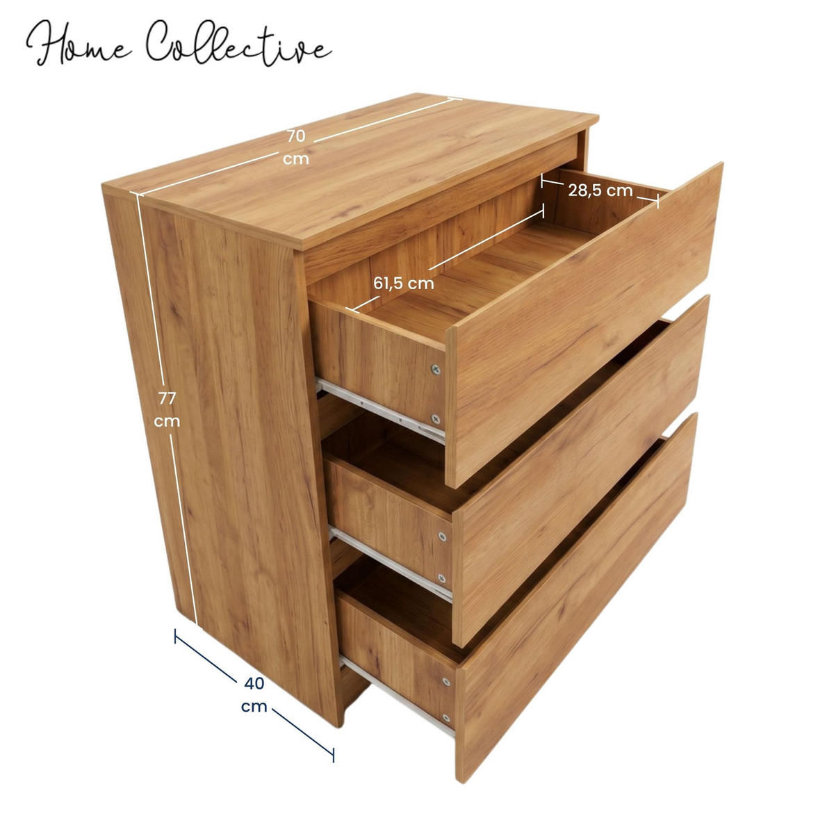KOMMODE mit drei Schubladen in Craft-Eiche - Naturfarben, Holzwerkstoff (70/77/40cm) - Home Collective
