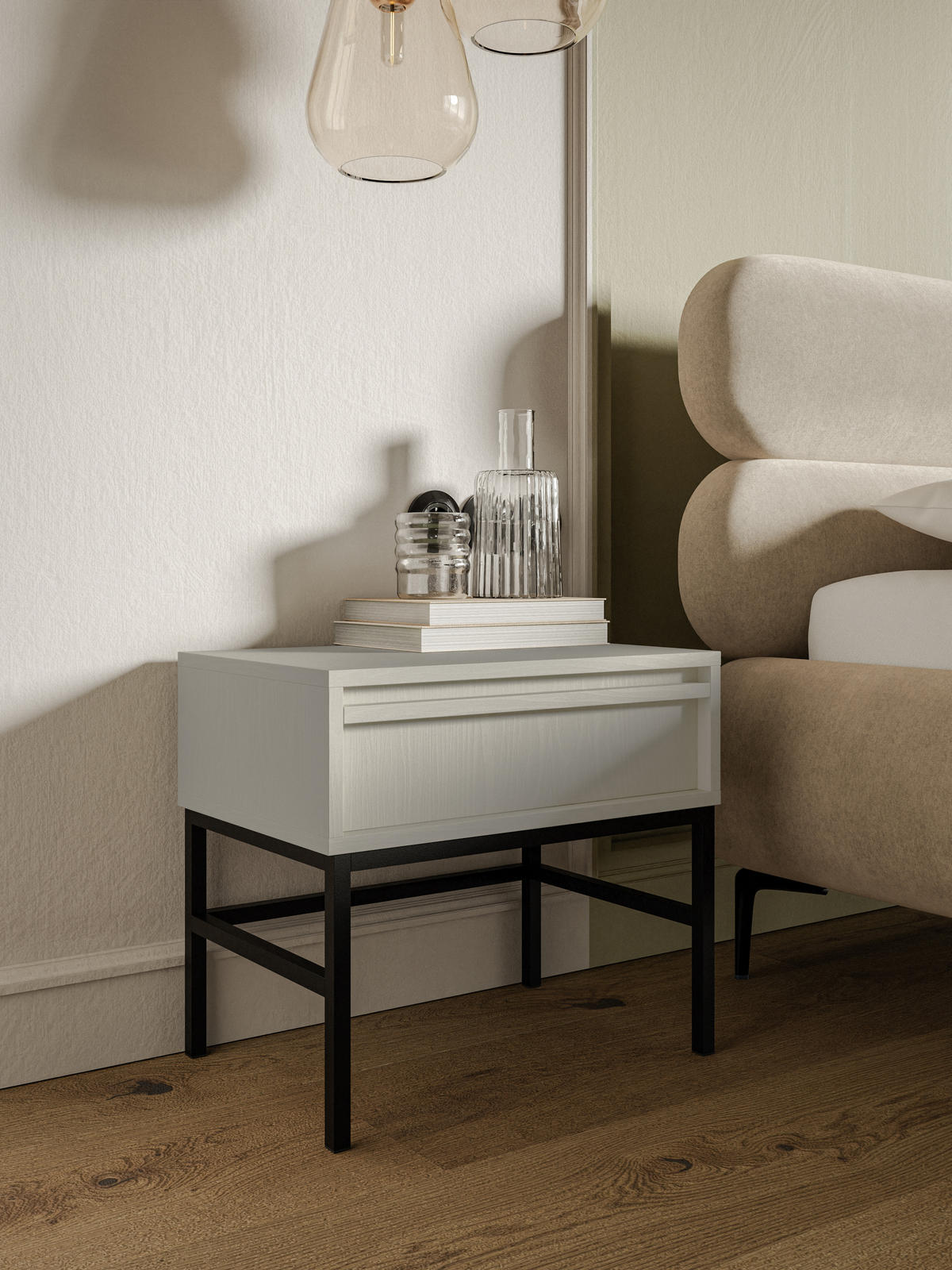 NACHTSCHRANK Evo Hellbeige mit Metallgestell 50 cm - Beige/Schwarz, Holzwerkstoff/Metall (50/44/34cm) - Selsey