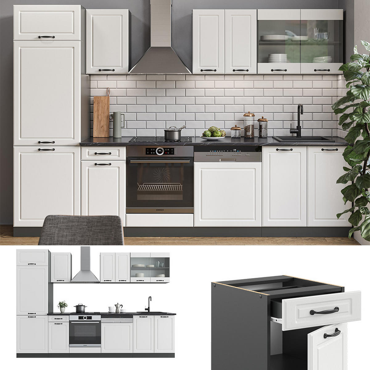 KÜCHENZEILE R-Line Weiß Landhaus/Anthrazit 300 cm, AP Eiche - Anthrazit/Creme, Holzwerkstoff (300/81.6/60cm) - Vicco