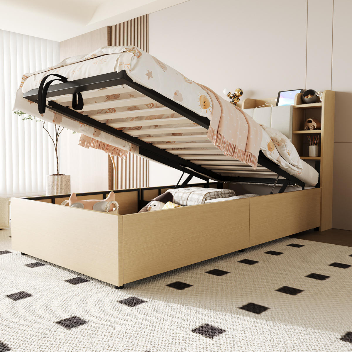 BETT aus MDF 90x200 cm Holzfarbe/Grau mit hydraulischem Stauraum, USB- und Type-C-Anschluss, Kopfteil mit Ablagen - Naturfarben, Holzwerkstoff (90/200cm) - Modfu