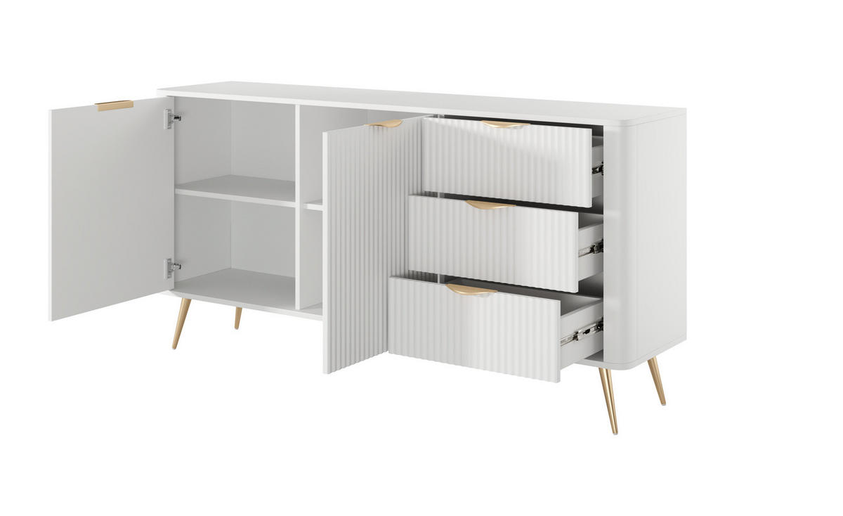 SIDEBOARD Flore 163 cm Weiß / Gold - mit 3 Schubladen und 2 Türen - Riffel-Optik - Gelb/Goldfarben, Holz/Holzwerkstoff (163/81/38cm) - Ravio