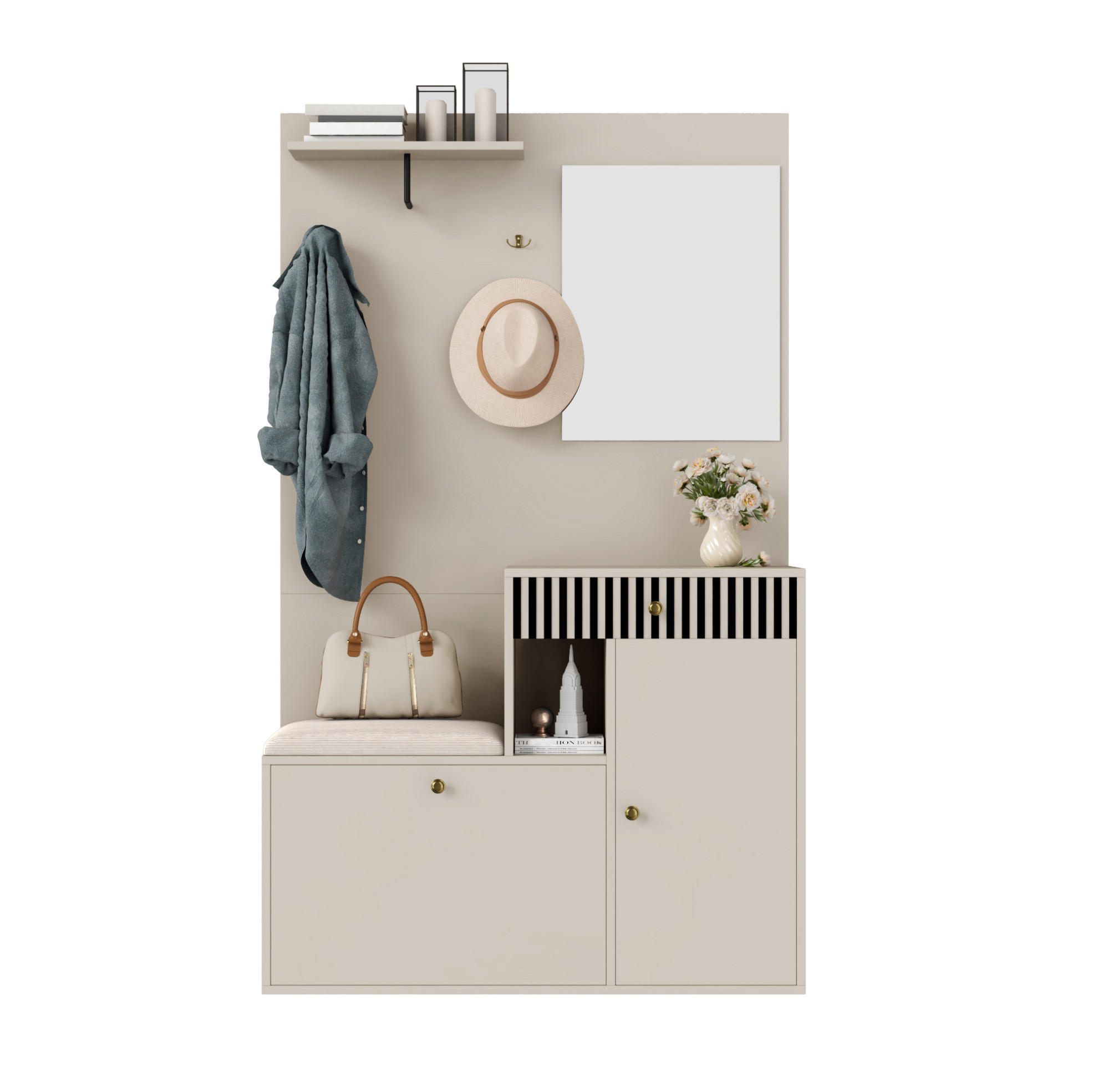 GARDEROBENSET 110/37/185,5 cm aus MDF mit Spiegel und gepolsterter Sitzfläche Beige/Creme - Beige, Holzwerkstoff (110/185.5/37cm) - Modenvie