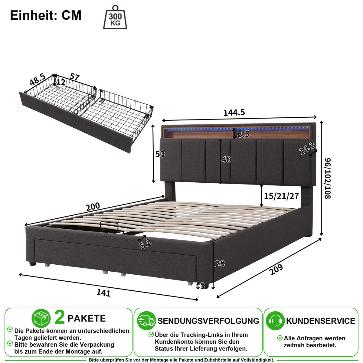 ČALOUNĚNÁ POSTEL 140/200 cm v šedé barvě s LED osvětlením a lněným potahem - šedá, kov/kompozitní dřevo (140/200cm) - CHICFURN
