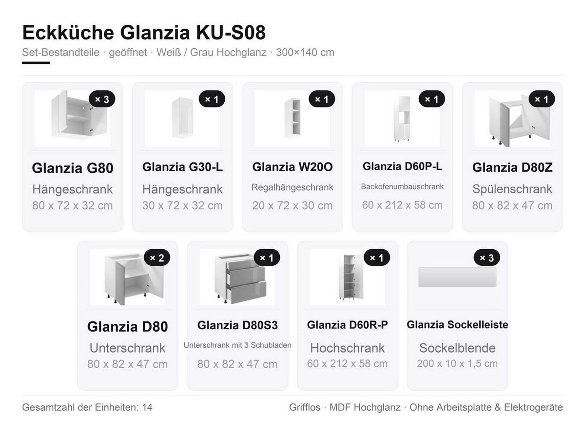 ECKKÜCHE 300x140 cm Glanzia – KU-S08 – Weiß / Grau – Hochglanz - Weiß Hochglanz, Holzwerkstoff (300/212/140cm) - hi-markt
