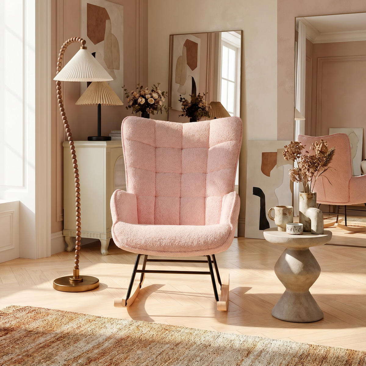 SCHAUKELSTUHL, Entspannend, Teddy-Velours, Belastbarkeit 120 kg, Rosa - Rosa/Kieferfarben, Holz/Textil (68/92/75cm) - GENKI LIVING