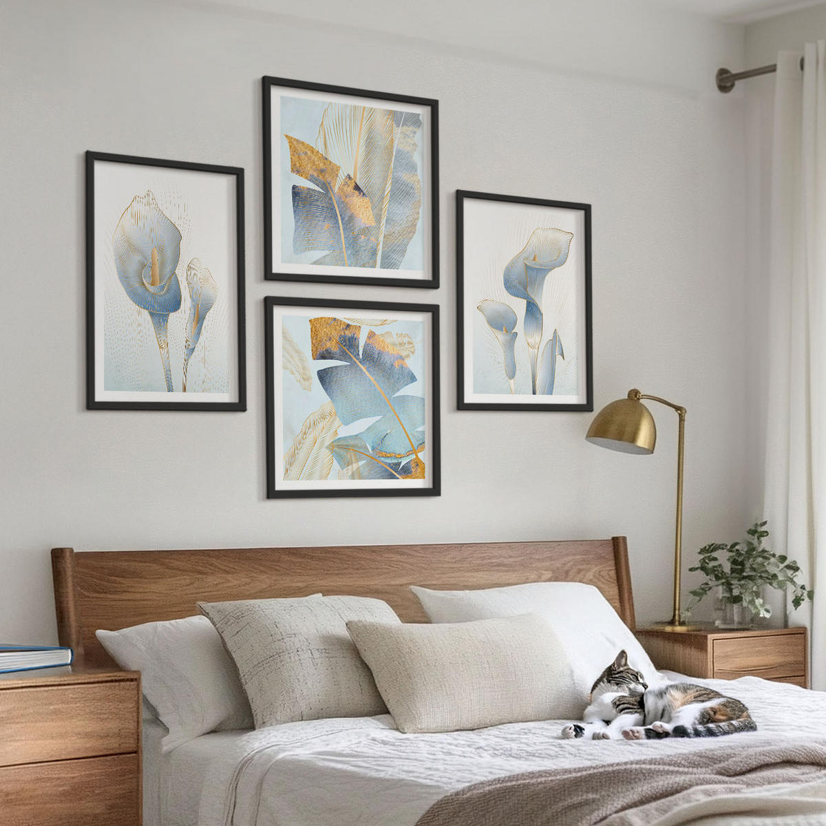 BILDER SET 4er Set - 50x50 cm & 40x60 cm Schwarzer Rahmen - Blaue Blumen im Hintergrund - Schwarz, Kunststoff (50/50cm) - TULUP