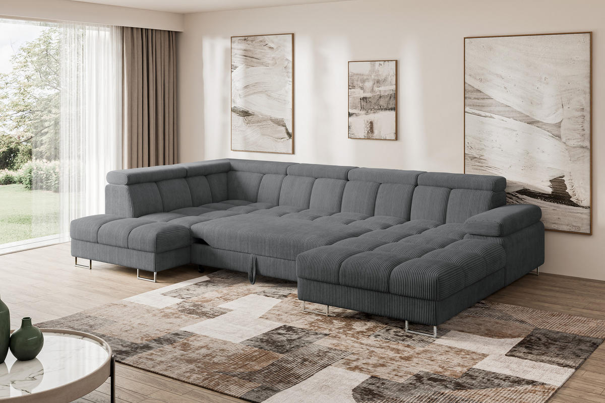 WOHNLANDSCHAFT mit Schlaffunktion und Bettkasten Ottomane Links COMA U 345x203x79 Dunkelgrau Cord - Graphitfarben, Holzwerkstoff/Textil (345/79/203cm) - ALTDECOR