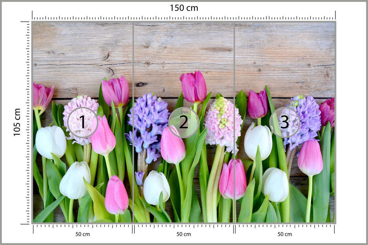 FOTOTAPETE für Küche Rosa Tulpen Violette Hyazinthen Holztisch 150x105 - Ecru/Violett, Papier (150/105cm) - Muralo