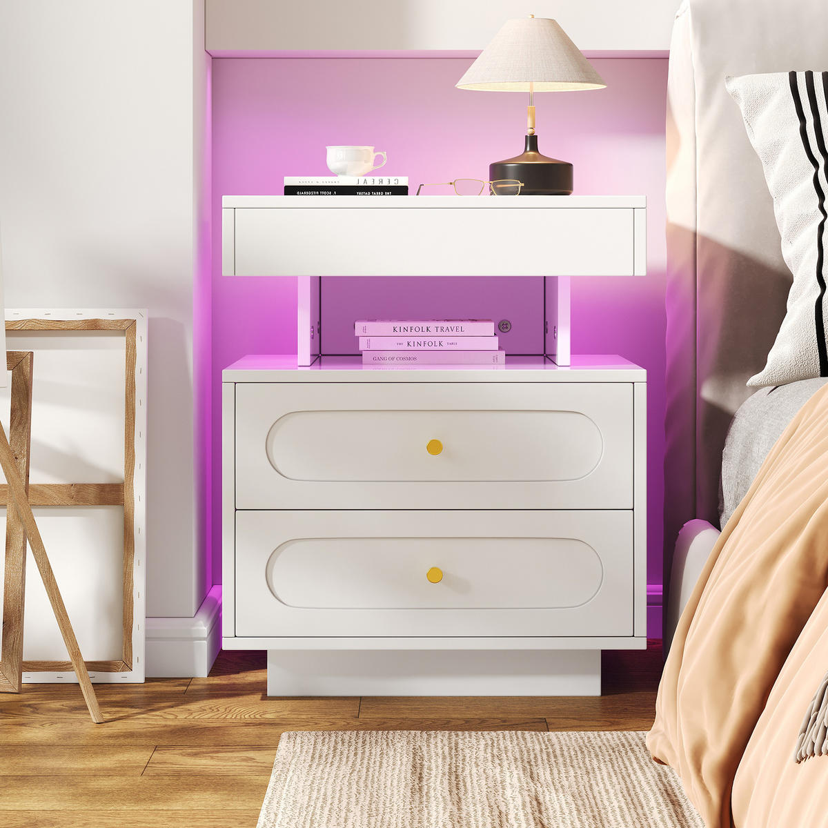 SIDEBOARD Nachttisch mit LED Beleuchtung und 3 Lichtfarben, große Schublade MDF leise Führung - Weiß, Holzwerkstoff/Metall (50/60/40cm) - EVRYAE