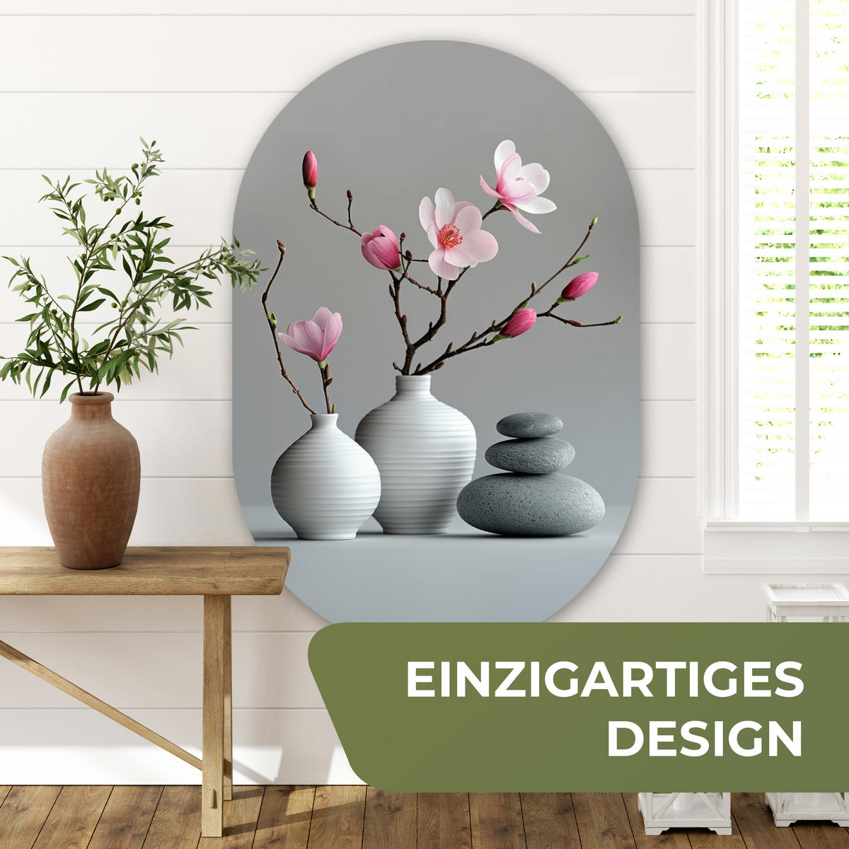 WANDBILD Magnolie - Blumen - Rosa - Zen-Steine 80x120 cm - Hellgrau, Kunststoff (80/120cm) - MuchoWow
