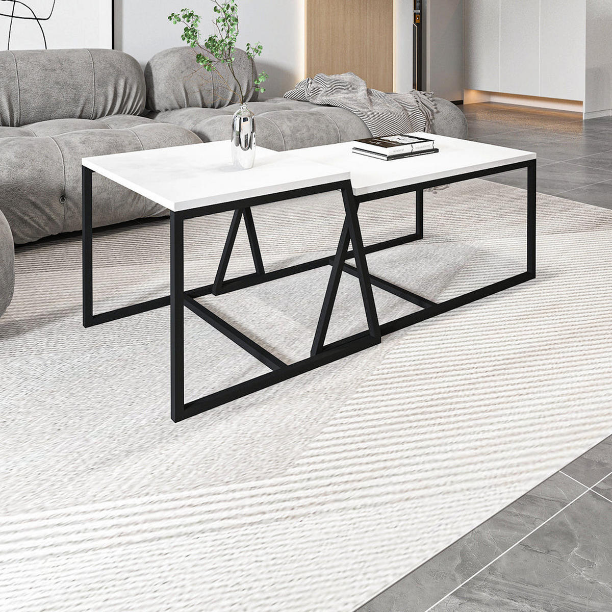 COUCHTISCH 2er Set Between Weiß mit Metall Füße - Schwarz/Weiß, Holzwerkstoff/Metall (50/88/38cm) - moebel17