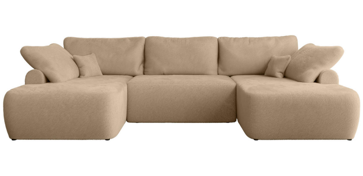 WOHNLANDSCHAFT CUBO U Beige Plüsch - Beige/Schwarz, Kunststoff/Textil (370/100/187cm) - MKS