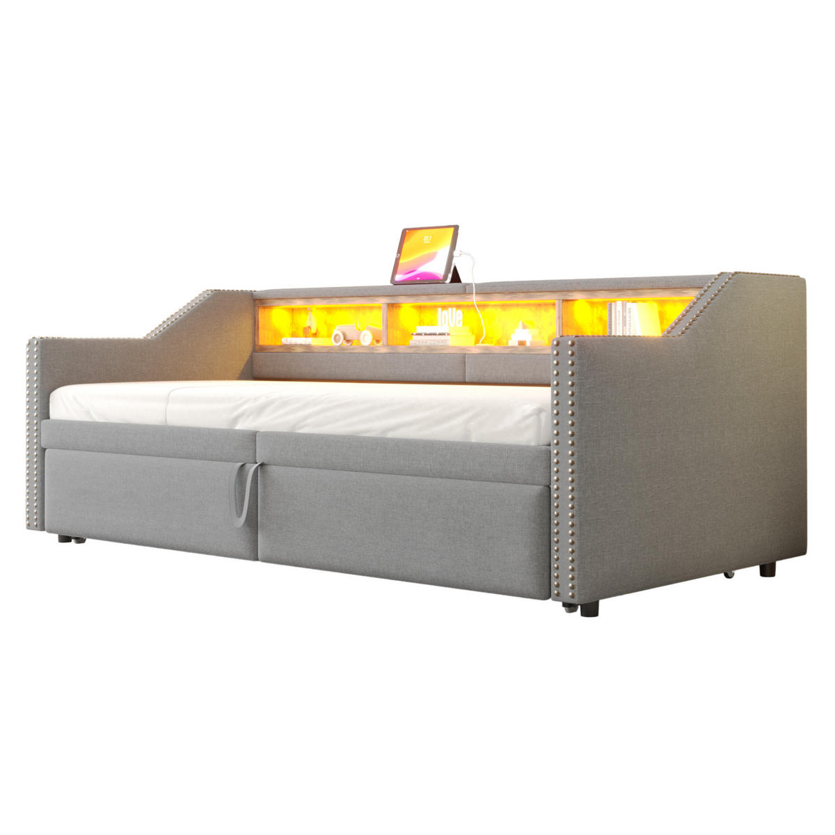 POLSTERBETT Ausziehbares Schlafsofa 90/200 cm mit LED-Licht und USB-Anschluss - Hellgrau, Textil (90/200cm) - OKWISH
