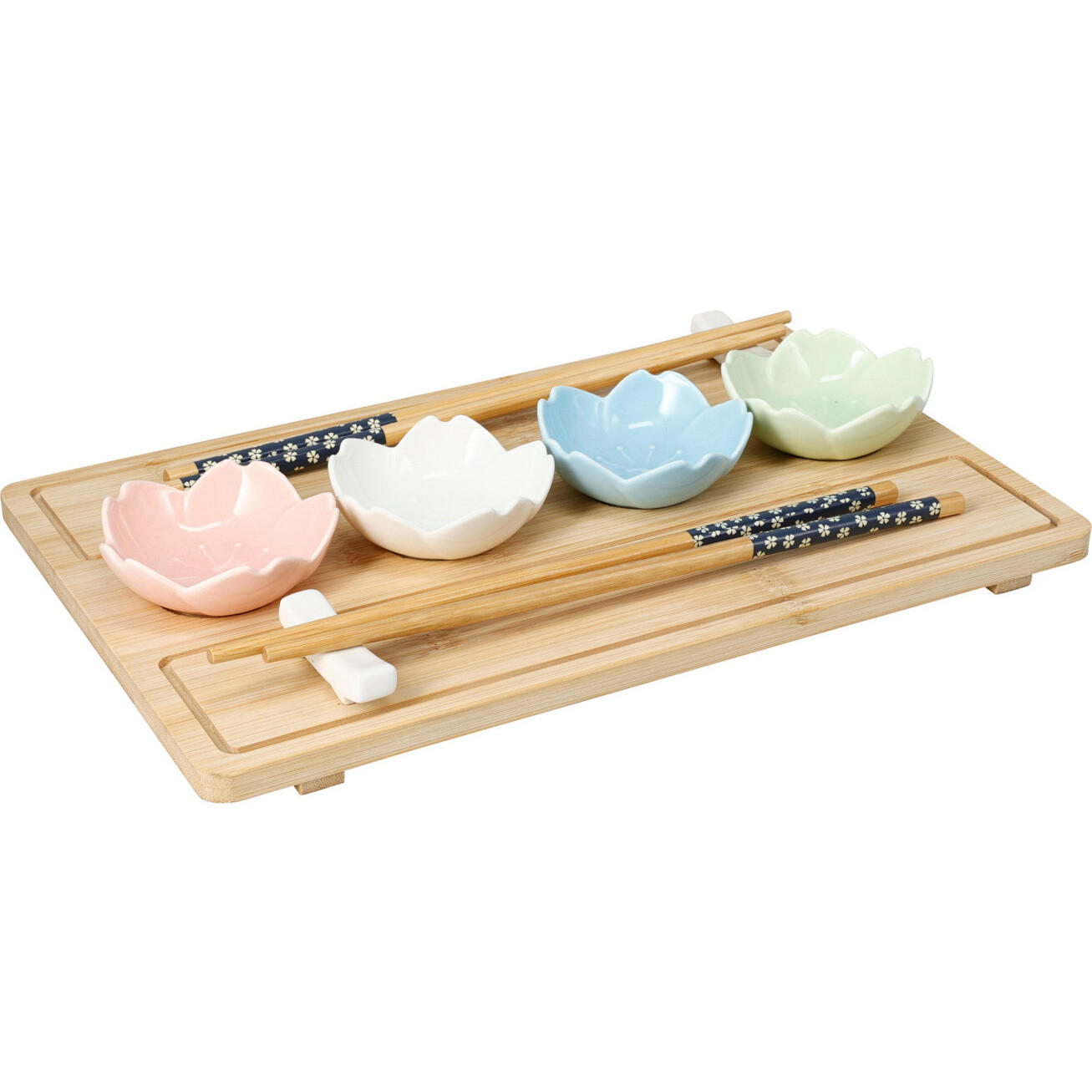 SUSHI-SET 9-teilig: Bambustablett Mehrfarben 30/19,5/3,5 cm - Multicolor, Keramik (3.5cm) - Excellent Houseware