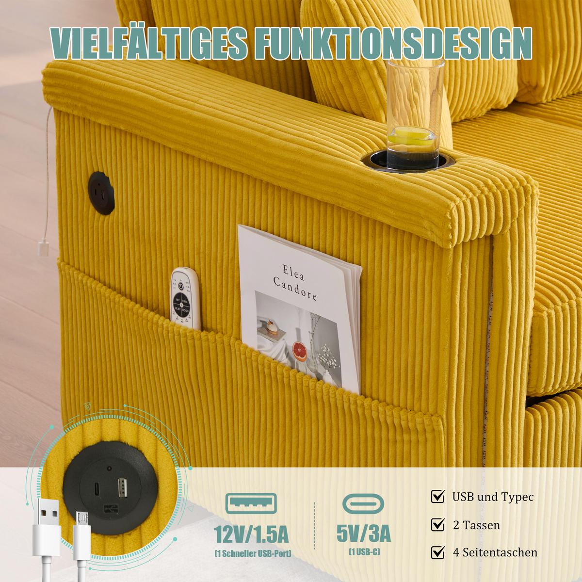 SOFA Corduroy mit LED und USB-Anschluss Stauraum-Schubladen 194/73/81 cm Gelb - Gelb, Textil (73/194cm) - Redom