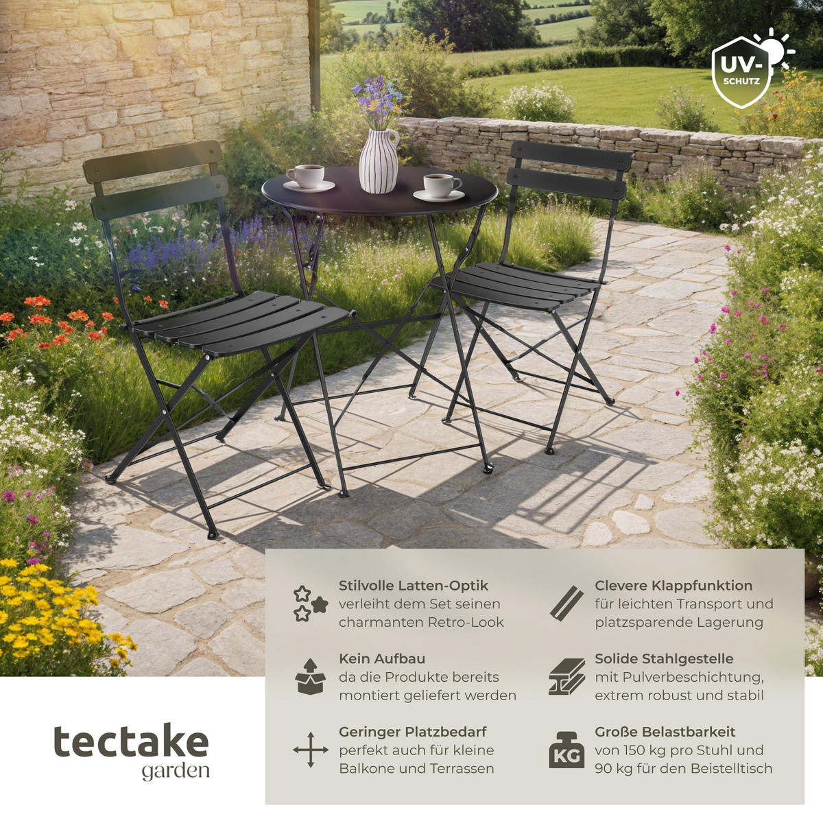 BISTROTISCH SET Frieda,Belastbarkeit Stuhl 120 kg,schwarz - Schwarz, Naturmaterialien/Textil - tectake