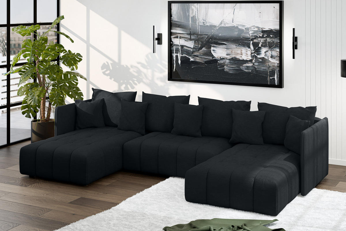 WOHNLANDSCHAFT Veliro U Schwarz 353/180/83 cm mit Schlaffunktion und Bettkasten - Schwarz, Kunststoff/Textil (353/83/180cm) - AX Living