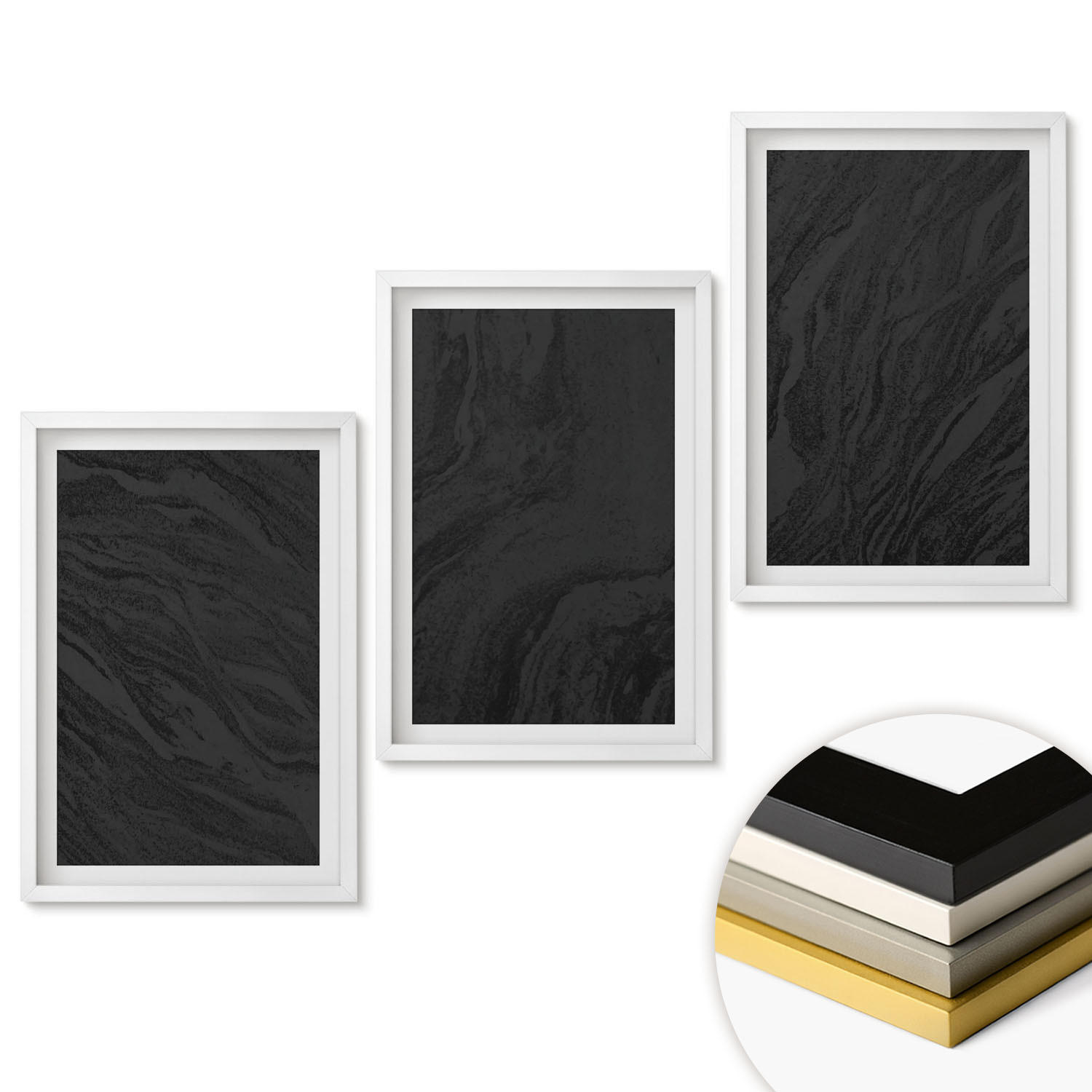 WANDBILDER 3er-Set - 40x60 cm Weißer Rahmen - Dunkler Marmor, elegante Texturen - Weiß, Kunststoff (40/60cm) - ArtPrintCave