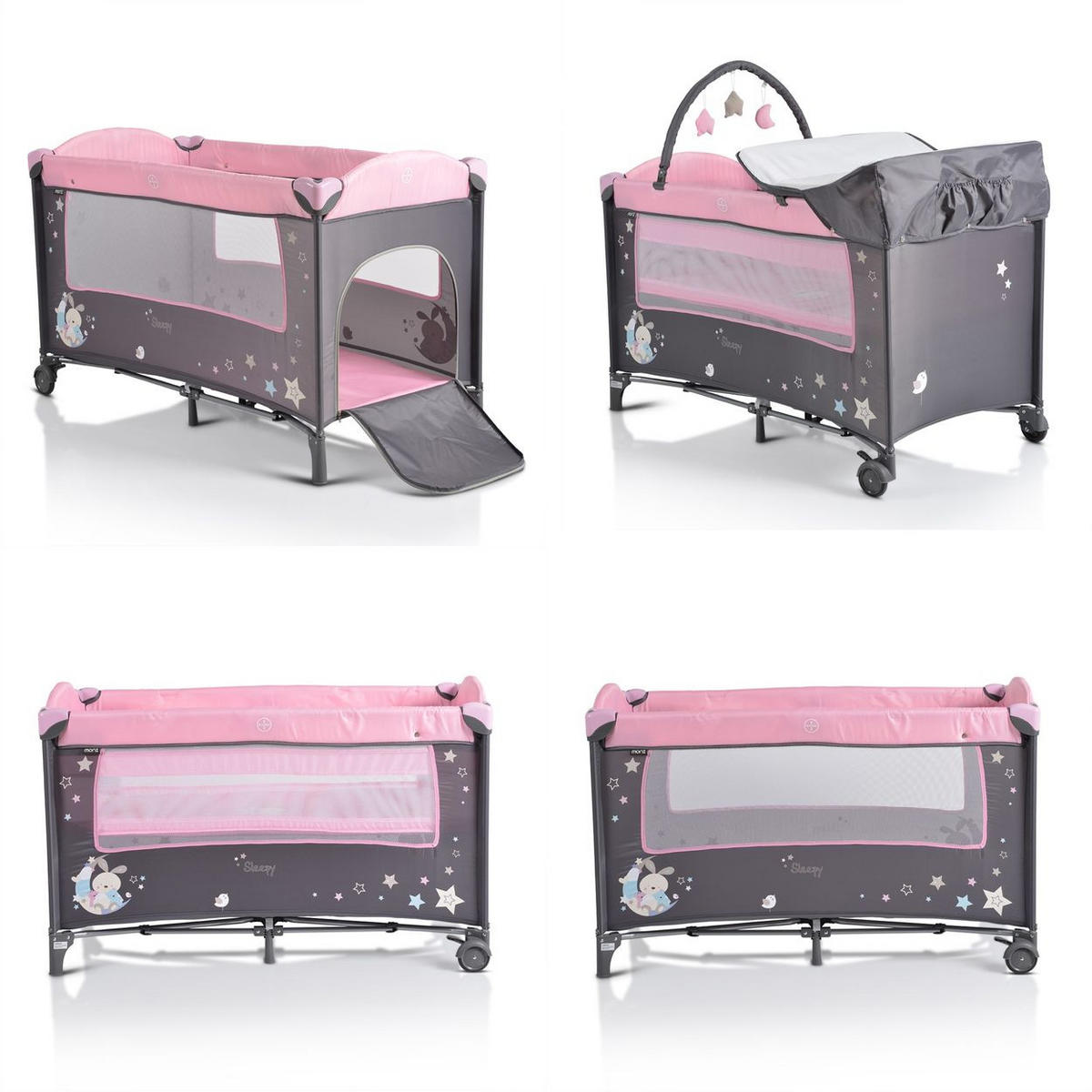 REISEBETT Sleepy Rollen grau pink Wickelauflage, Matratze, Spielbogen, Seiteneingang - Grau, Kunststoff (60/120cm) - Moni
