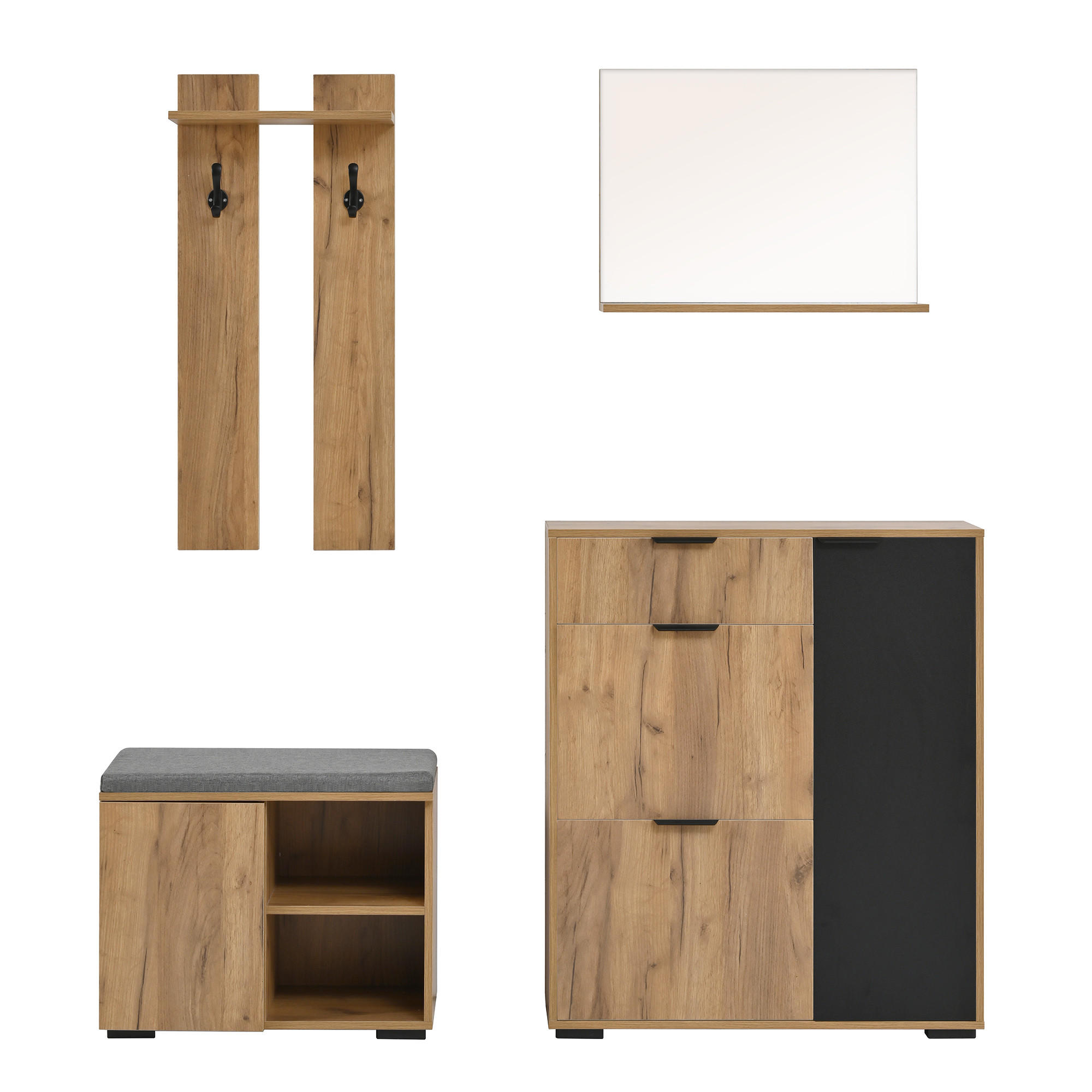 GARDEROBEN-SET 140 cm Natur & Schwarz – Flurmöbel mit Spiegel, Schuhbank & 4 Türen Modern - Naturfarben, Holzwerkstoff (140/139/35cm) - Urban Meuble