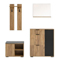 GARDEROBEN-SET 140 cm Natur & Schwarz – Flurmöbel mit Spiegel, Schuhbank & 4 Türen Modern - Naturfarben, Holzwerkstoff (140/139/35cm) - Urban Meuble