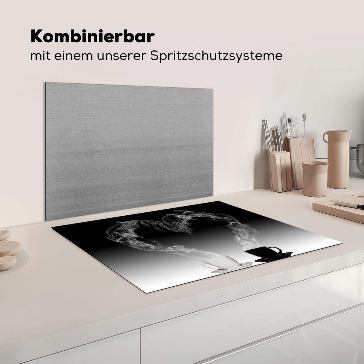 HERDABDECKPLATTE Kaffee - Herz - Schwarz und weiß - Tassen Herdabdeckung Induktionsfeld 70x52 cm - Weiß, Kunststoff (70/52/0.2cm) - MuchoWow