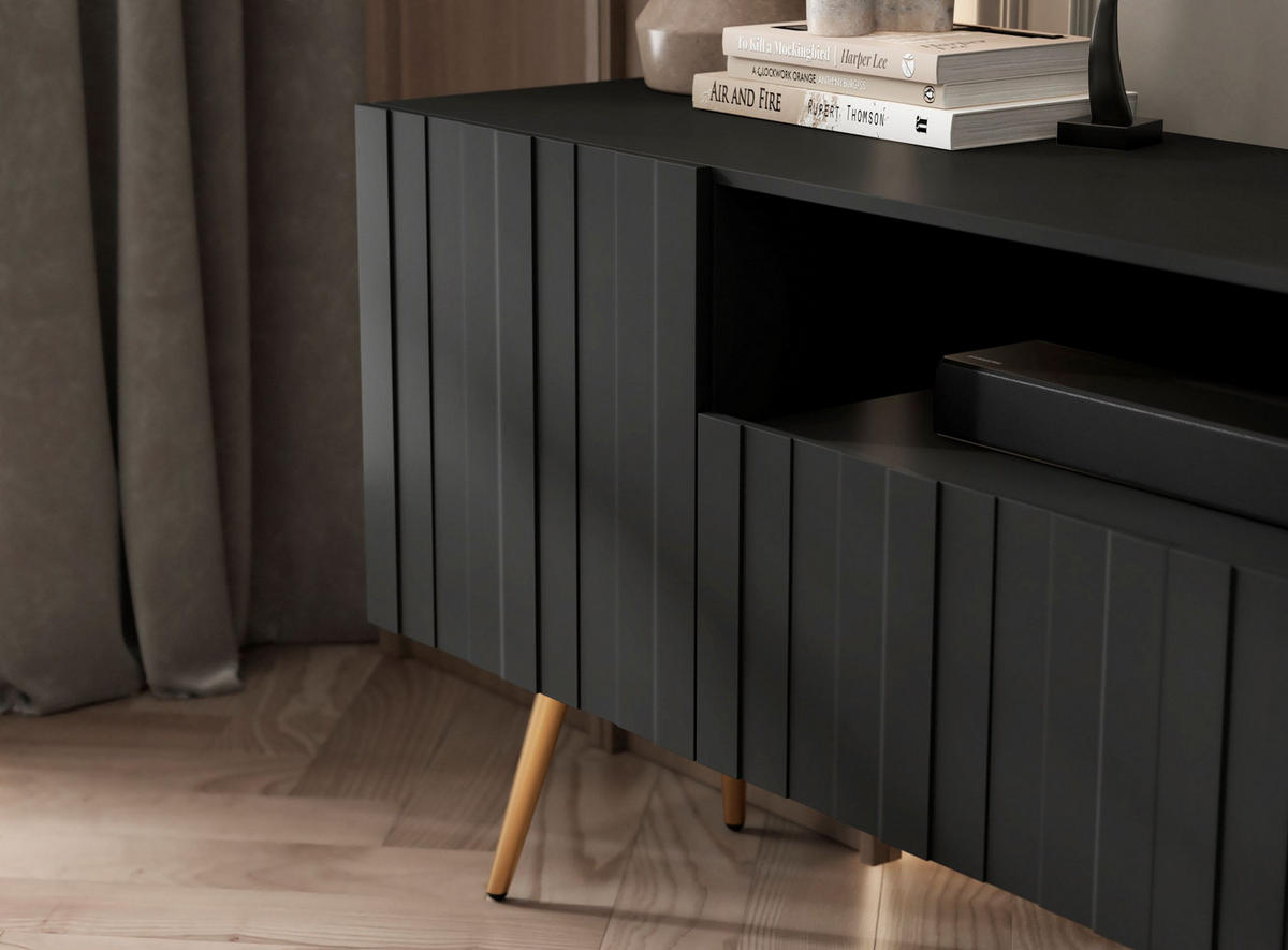 TV-LOWBOARD 2er-Set Elpis2 Schwarz matt mit goldenen Metallbeinen150 cm - Goldfarben/Schwarz, Holzwerkstoff (300/60.5/36.5cm) - Meble Lindner