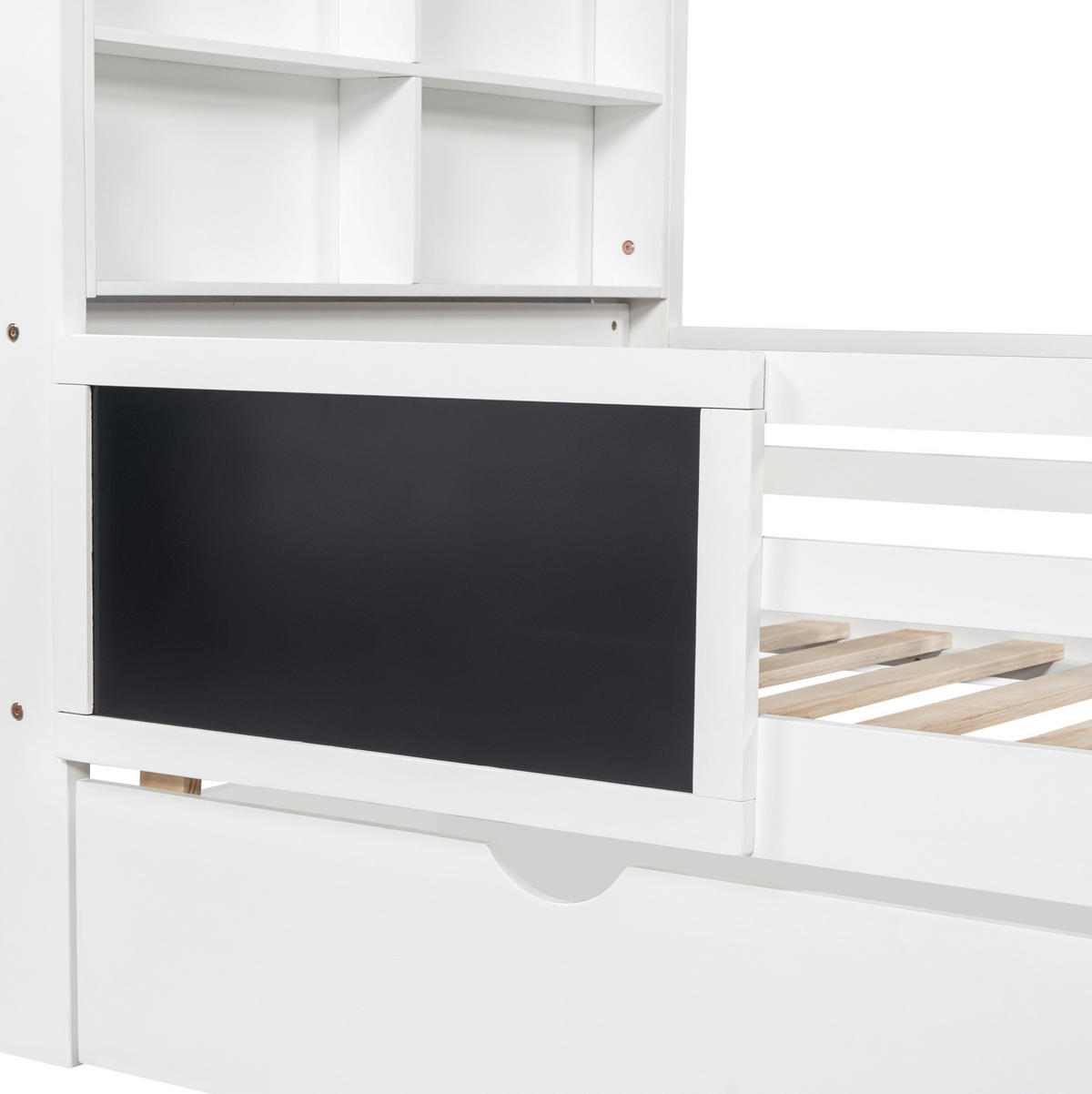 KINDEREINZELBETTEN aus Massivholz und MDF 90x200 cm in Weiß mit Schubladen & Tafel - Weiß, Holzwerkstoff (90/200cm) - Modfu