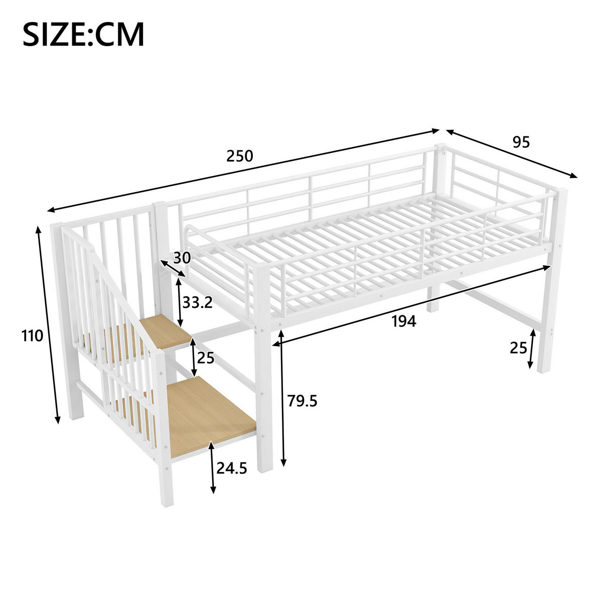 POLUVISOKI krevet od MDF-a i metala 90x200 cm bijeli s integriranim stepenicama za odlaganje i letvičastom podnicom - bijela, drvni materijal (90/200cm) - Modfu