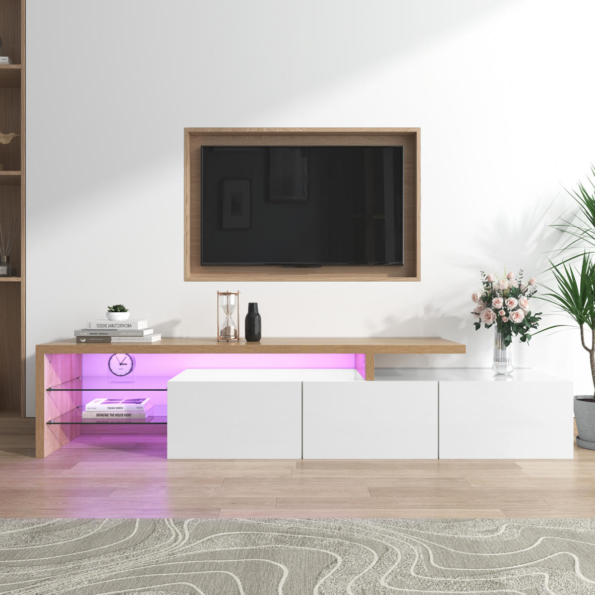 TV-ELEMENT Holzfarbe und Weiß 197.5/39/42 cm - Weiß, Glas/Holz (39/42/197.5cm) - Urban Meuble