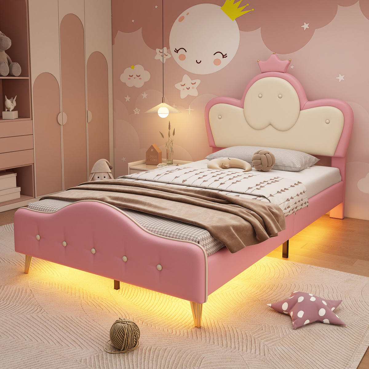 KINDERBETT Polsterbett 90/200 cm aus PU mit LED-Lichtleiste und Kronenkopfteil Rosa/Weiß - Weiß, Kunststoff (90/200cm) - Modenvie