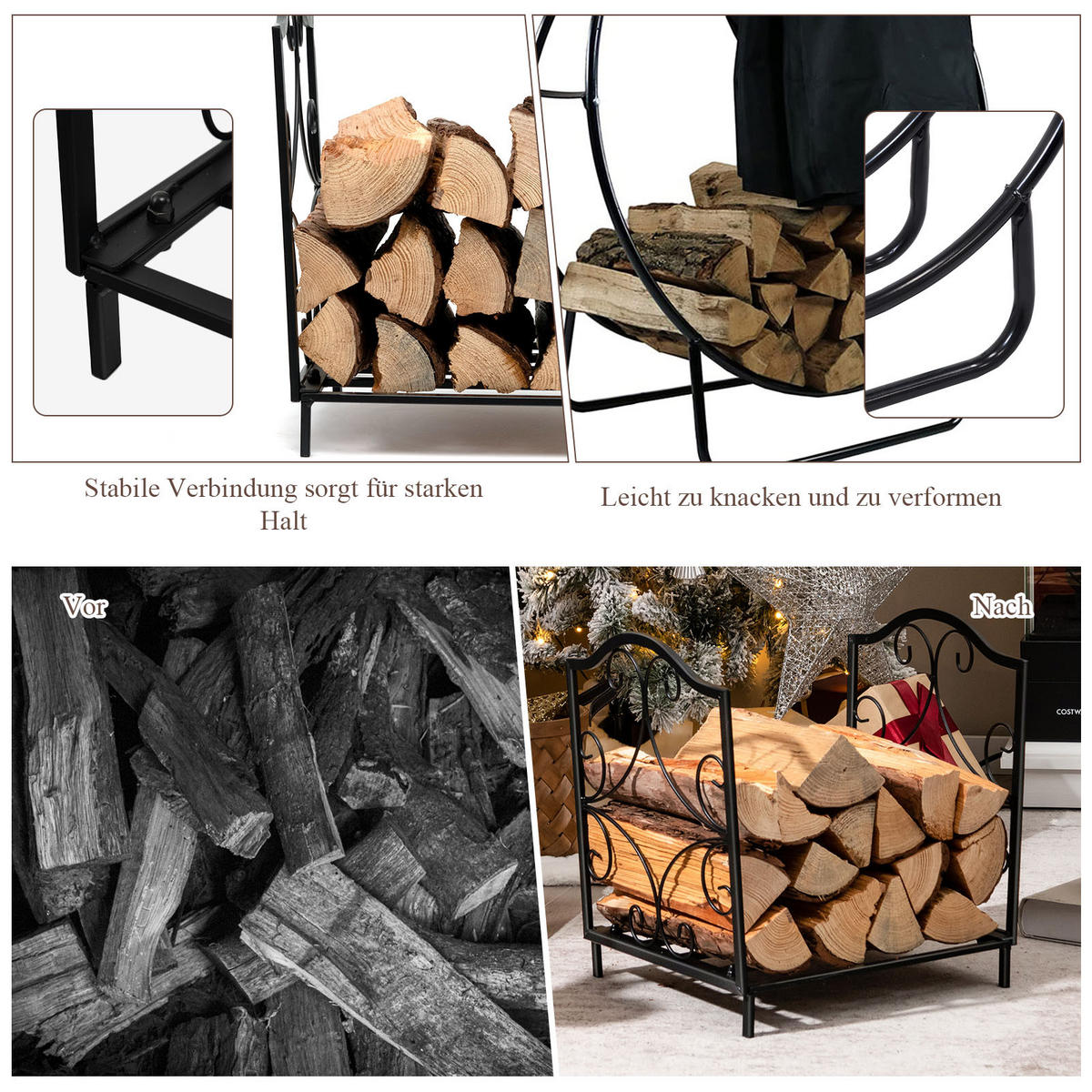 KAMINHOLZREGAL Schwarz - Schwarz, Metall (32/40/37cm) - COSTWAY