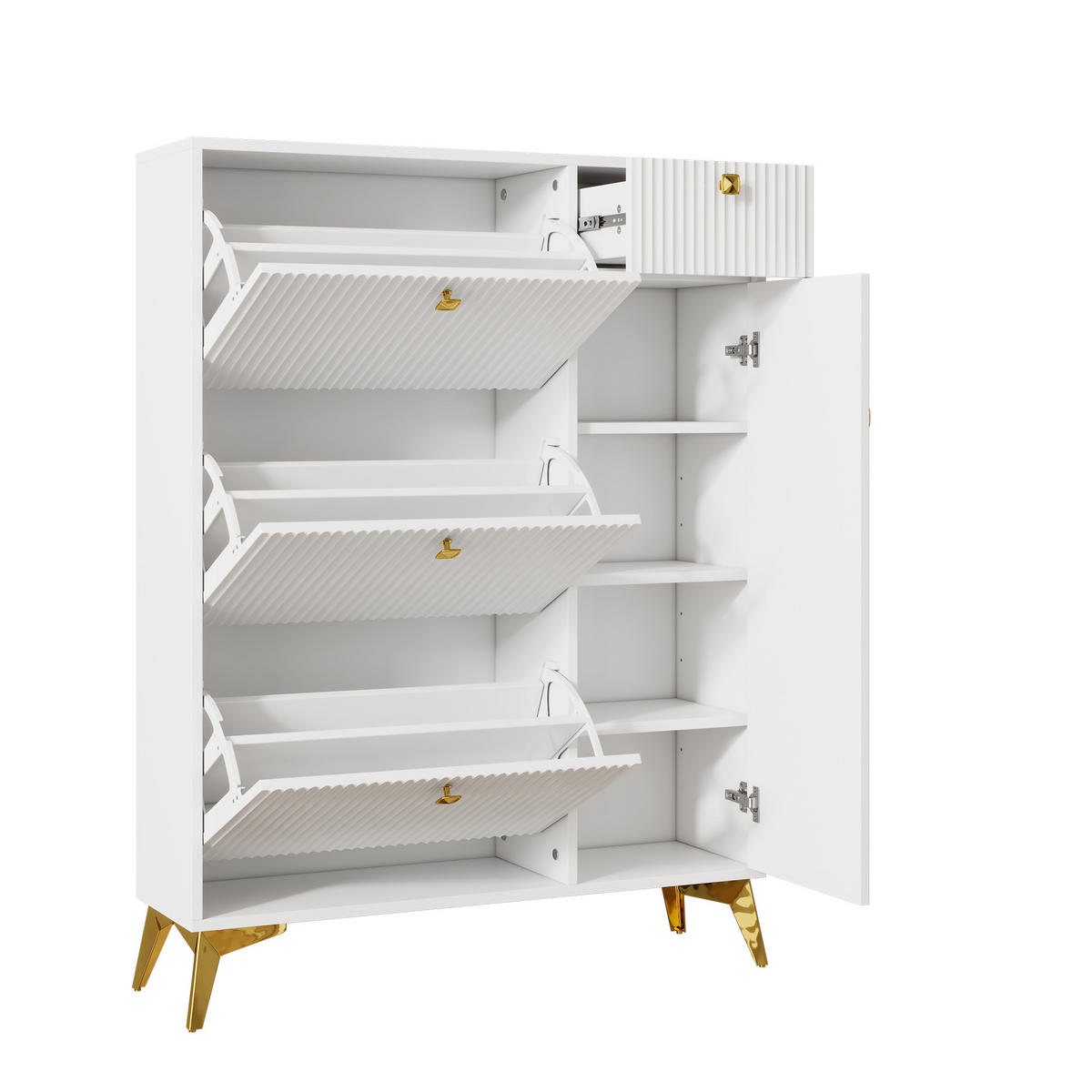 SCHUHSCHRANK 90/25/121 cm mit 3 Klappen, 1 Schublade und 1 Tür in Weiß - Weiß, Holzwerkstoff (90/121/25cm) - BEAOK