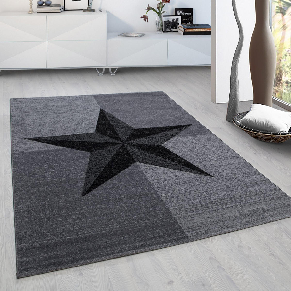 TEPPICH Kurzflor Sterne-Muster Polypropylen Wohnzimmer Grau Läufer 80x150 - Grau, Textil (80/150cm) - KADIMA DESIGN