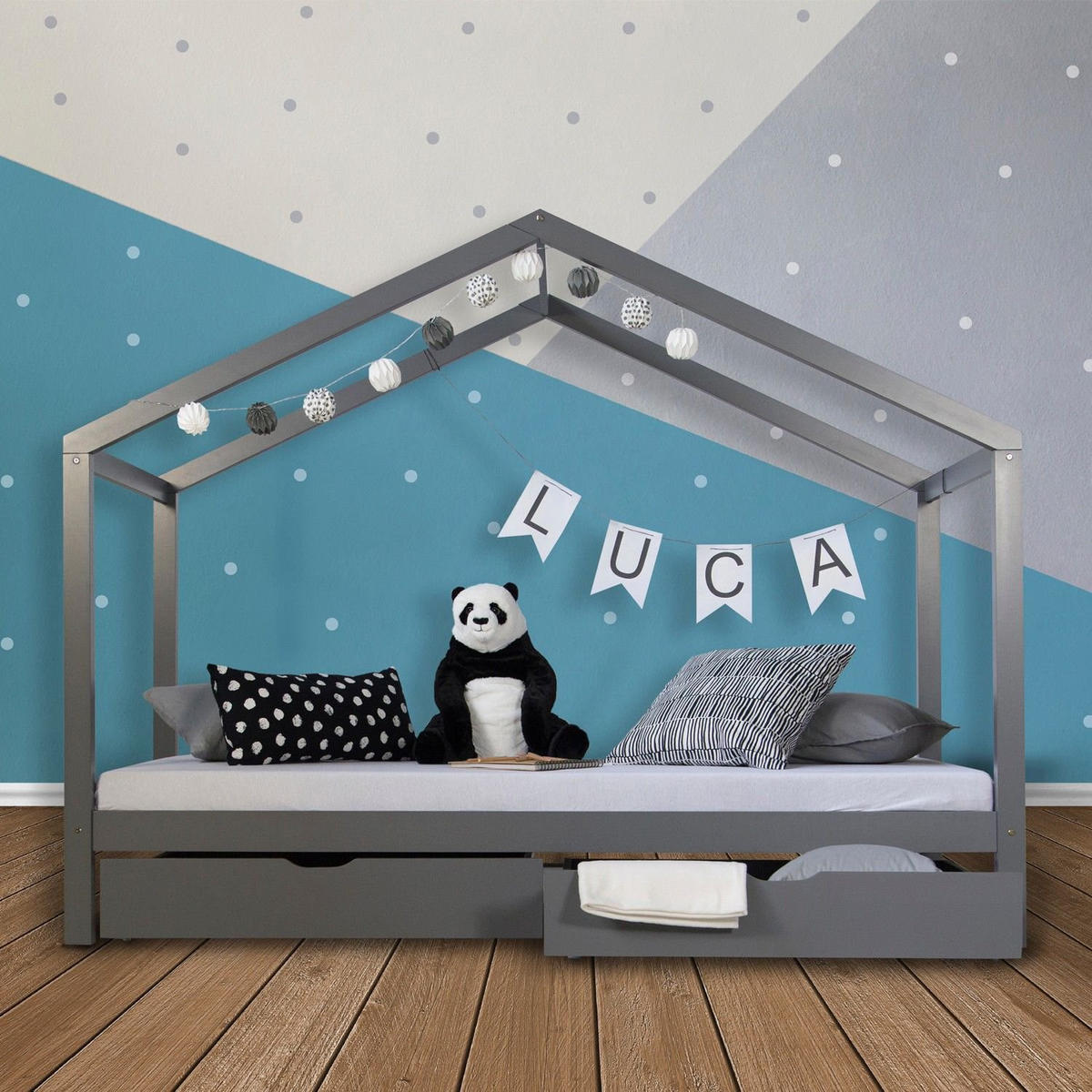 HAUSBETT mit Stauraum 90/200 cm Grau - Grau, Holz (208/160/96cm) - Homestyle4u