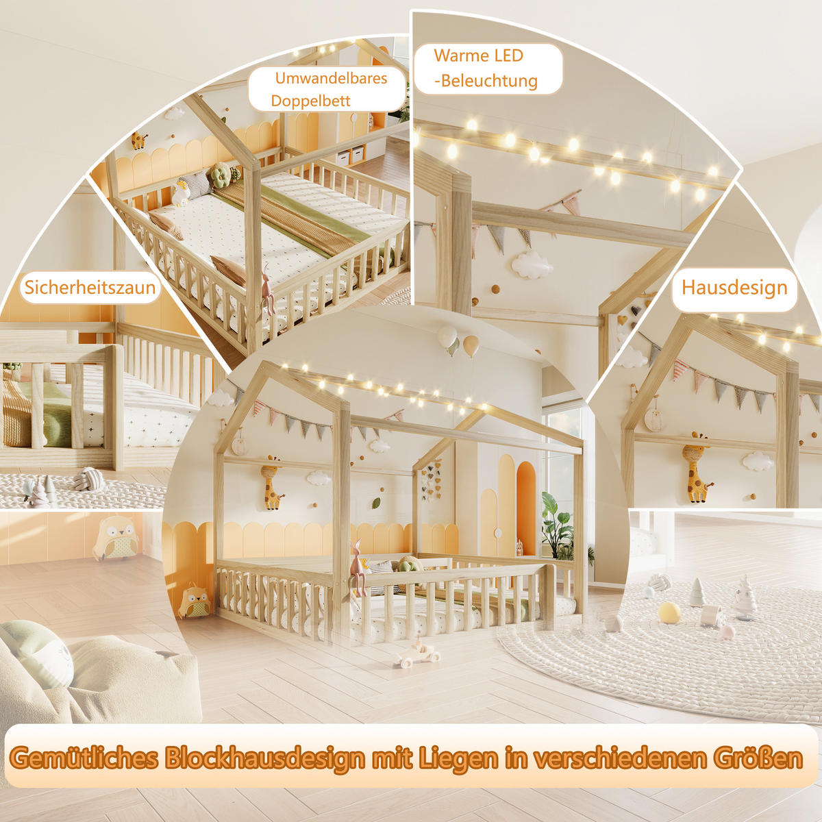 KINDERBETT 90/190 cm & 180/190 cm in Natur mit LED und Gitter Kiefernholz Hausbett - Naturfarben, Holzwerkstoff (90/190cm) - STILVORA