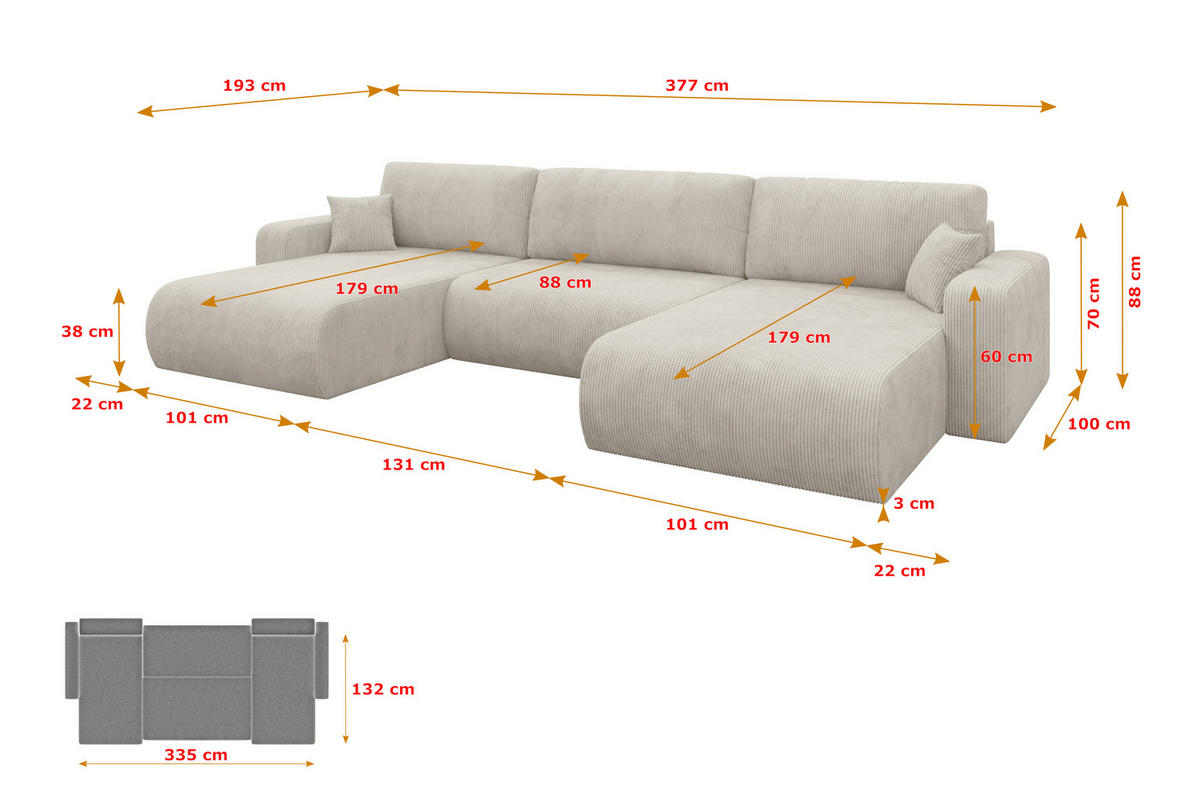 SEDACÍ SOUPRAVA DO U s funkcí spaní a úložným prostorem BERY-U 377x193x88 krémová manšestr - černá/krémová, kompozitní dřevo/textil (377/88/193cm) - ALTDECOR
