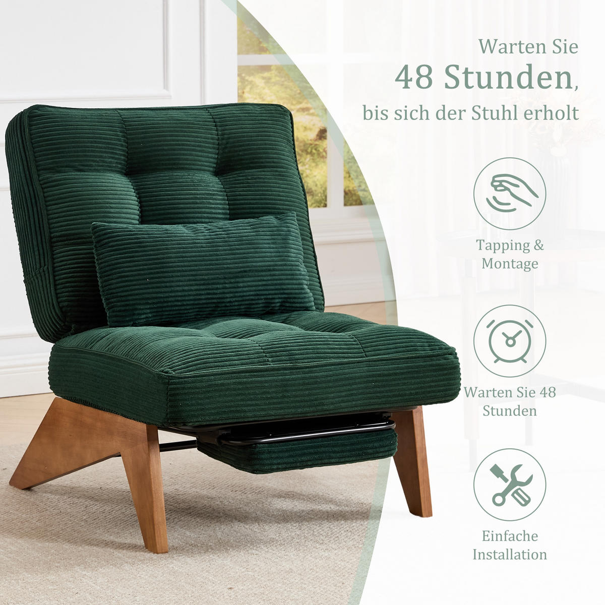 SCHAUKELSTUHL Smaragd Cord mit Fußstütze, Lendenkissen und Holzbeinen - Smaragdgrün, Textil (73/90/127cm) - Oxeza