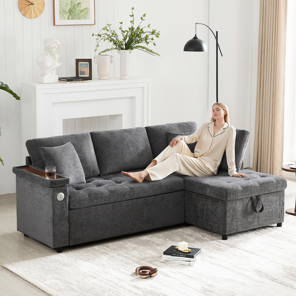 SCHLAFSOFA 209x130x84 cm aus Chenille L-förmiges 3-Sitzer, Dunkelgrau - Dunkelgrau, Textil (130/209cm) - Luhomfu